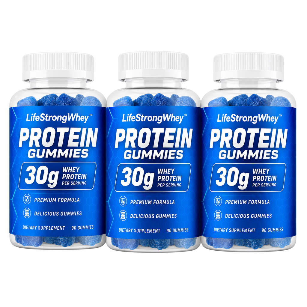 Three-bottle bundle of LifeStrongWhey Protein Gummies